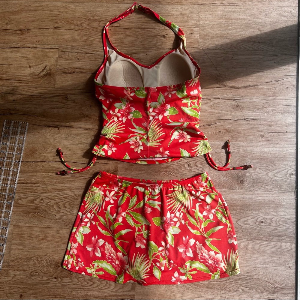 Beach bay Salmon pink & green tankini floral set gold detail & side ties size 8 - Picture 5 of 16